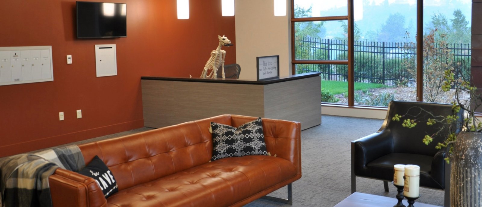 Completed red accent lobby interior