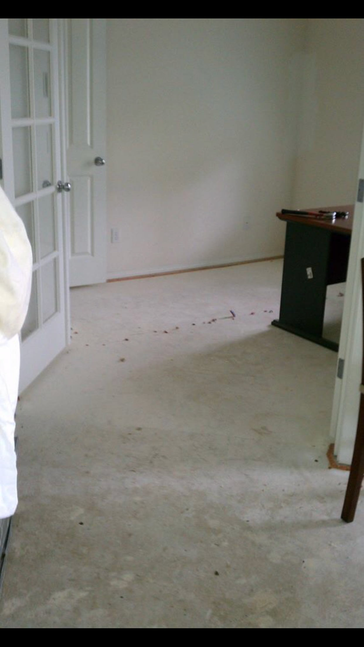 Worn carpet before flooring replacement