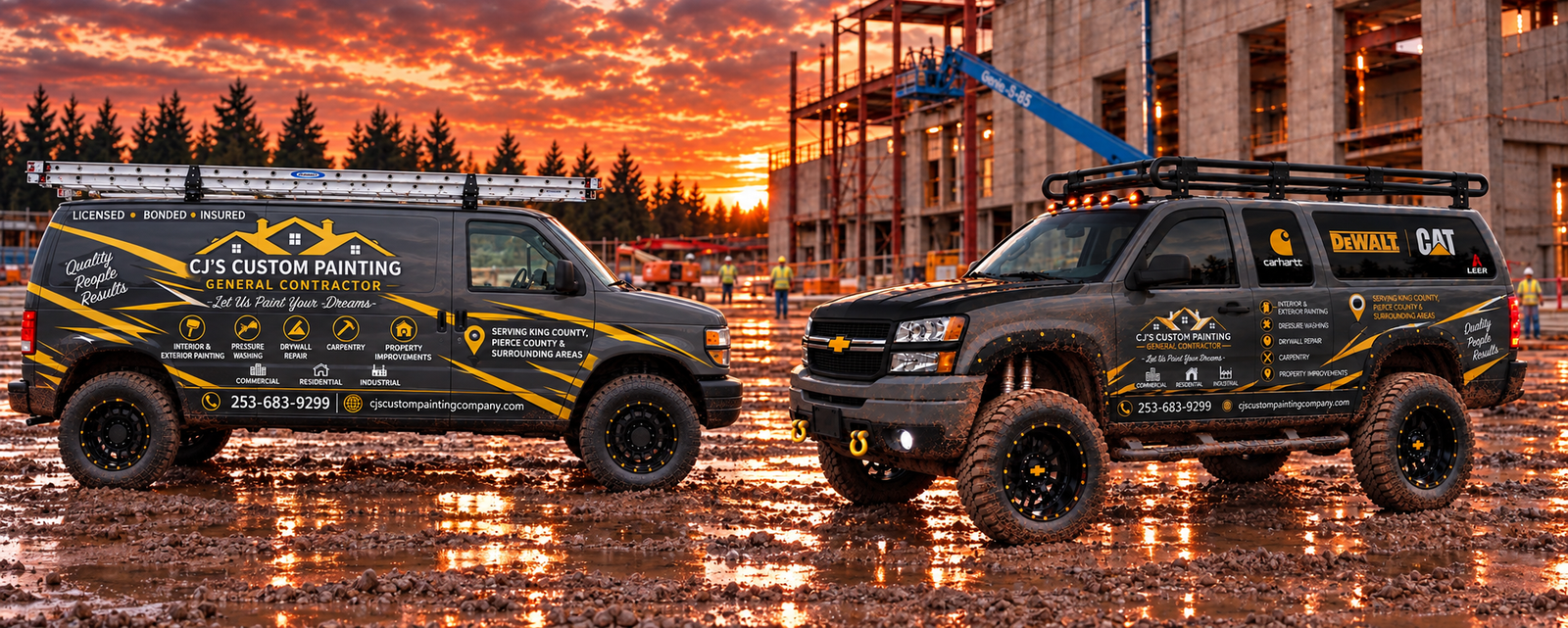 CJ’s Custom Painting Ford van and dark-gray Chevy truck facing each other at a sunset construction site