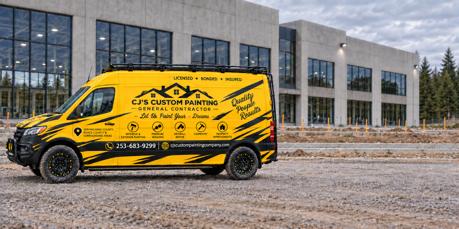 CJ’s Custom Painting yellow van branding concept outside a commercial building